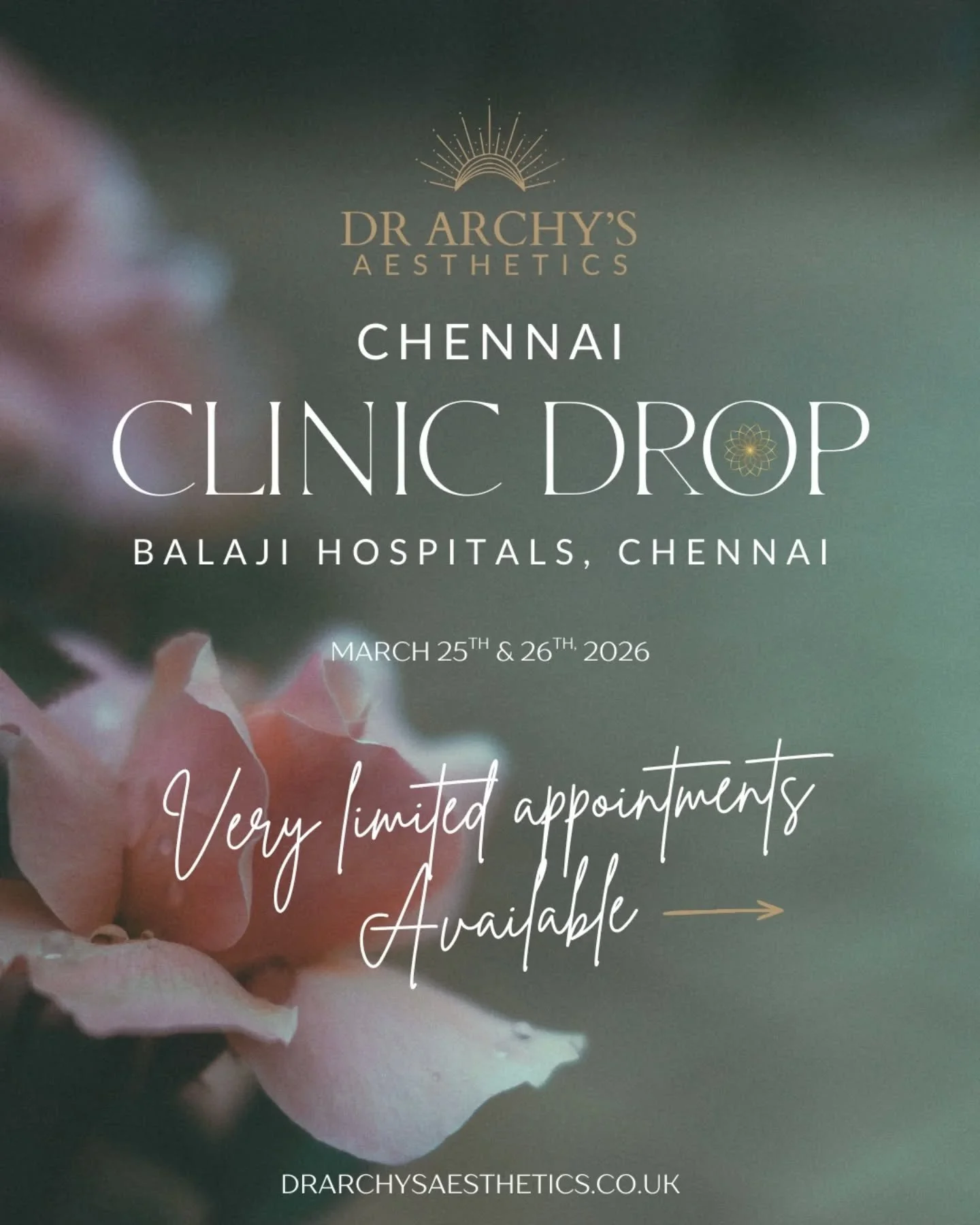 Chennai clinic drop announcement 🇮🇳

I&rsquo;ll be visiting Balaji Hospitals in Chennai on March 25th &amp; 26th for a very limited clinic drop.

Appointments will be available for advanced premium dermal fillers, skin boosters and medical-grade fa