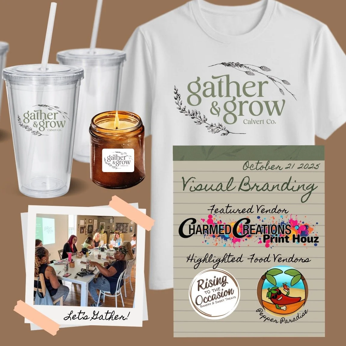 Tomorrow&rsquo;s the night! Gather &amp; Grow is back at The Calvert Commons at 6PM Oct 21st, and we&rsquo;re talking all things branding + merch. ✨
Our highlighted vendor, @charmed_creations_by_cyn, will be sharing all about printing options, produc