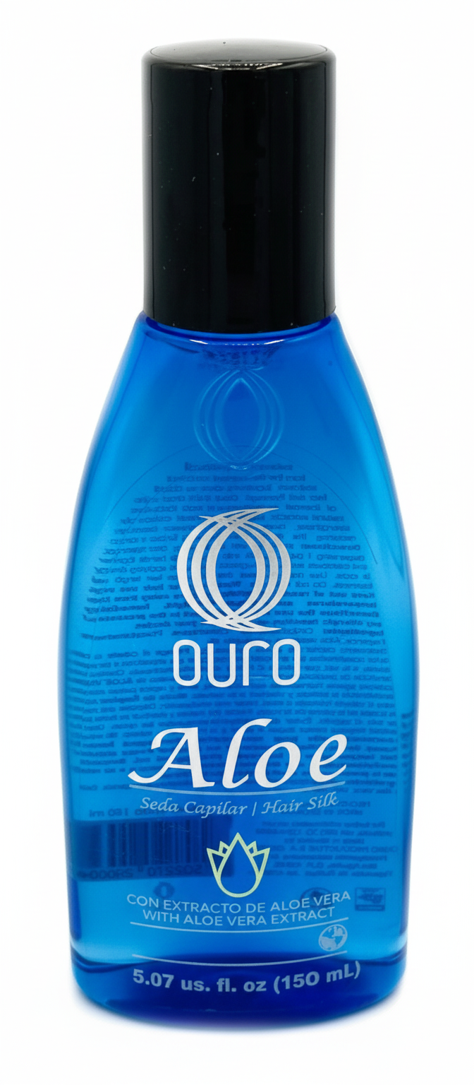 Botella de gel o crema para el cabello de color azul con tapa negra, con ingredientes como aloe vera, para peinar el cabello.
