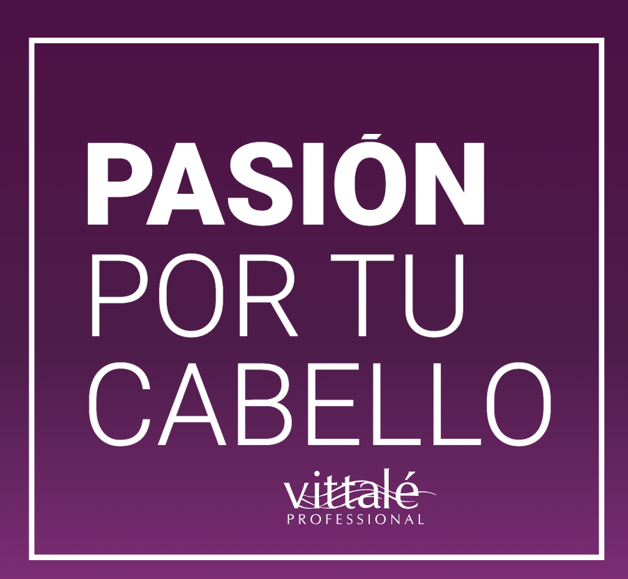 Fondo morado con texto blanco que dice "Pasión por tu cabello" y el logo de "Vittalé Profesional" en la parte inferior.