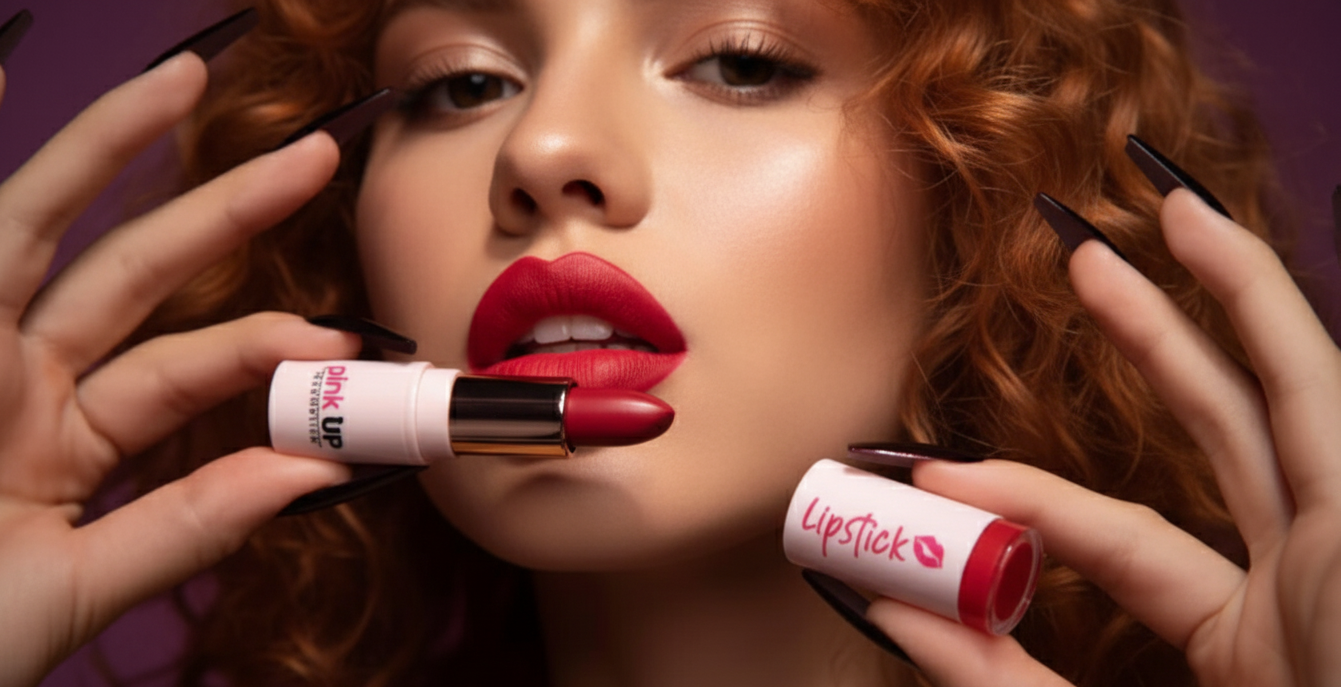 Una mujer con cabello rizado y labios rojos sosteniendo dos barras de lápiz labial, uno en cada mano, con fondo morado.
