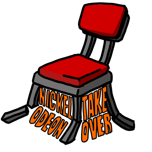 An illustration of a wooden chair with the words "Nickelodeon" and "Takeover" on the seat and base in orange text.