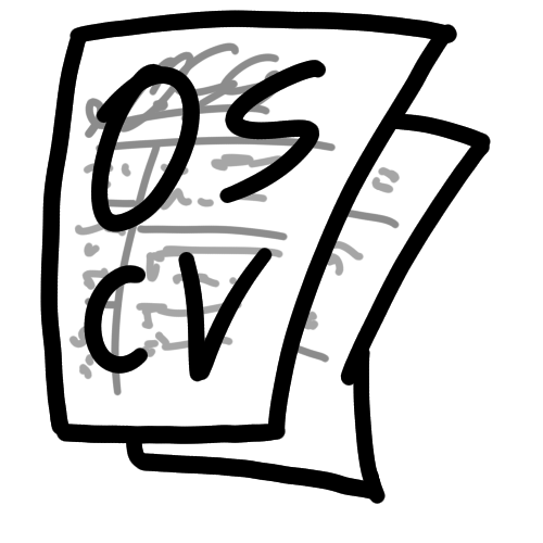 Stack of handwritten review sheets with large letters 'OS' and 'CV' written on top.