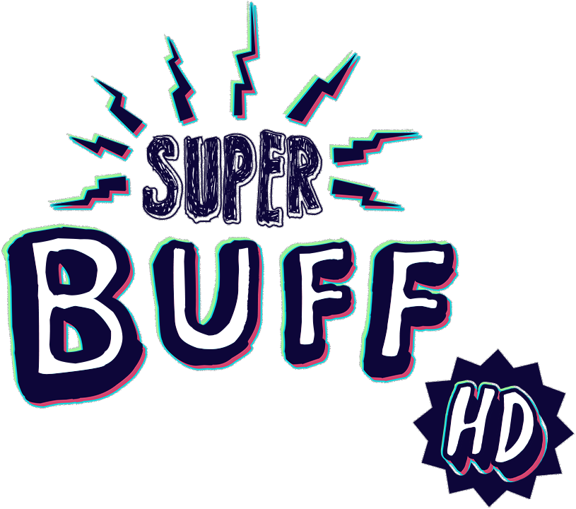 Colorful text logo with the words "SUPER BUFF HD" surrounded by lightning bolts and starburst shapes.