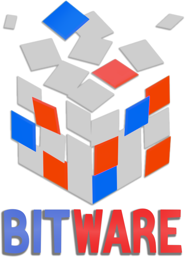 A stylized illustration of a three-dimensional Rubik's Cube with some pieces floating above it. The cube's colors are white, red, and blue. The word "BITWARE" is displayed below the cube, with "BIT" in blue and "WARE" in red.