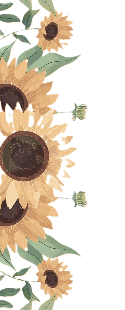 Illustration of sunflowers with green leaves on a beige background
