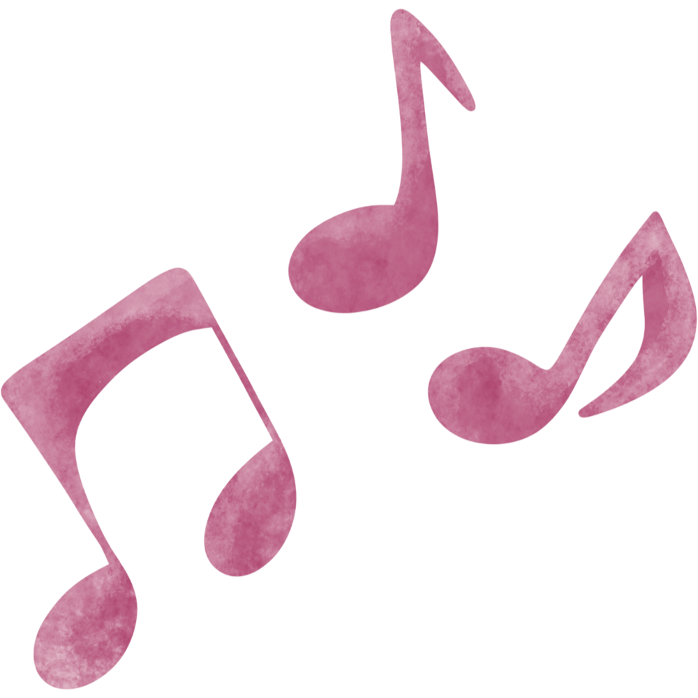 Illustration of three pink musical notes on a pink and purple background.