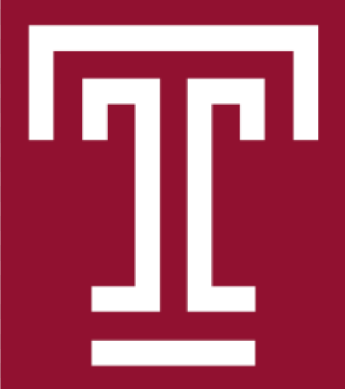 Temple University logo with a stylized white 'T' on a maroon background.