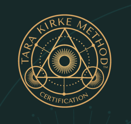 Logo of Tara Kirké Method Certification with geometric symbols and circular design elements in gold on a dark background.