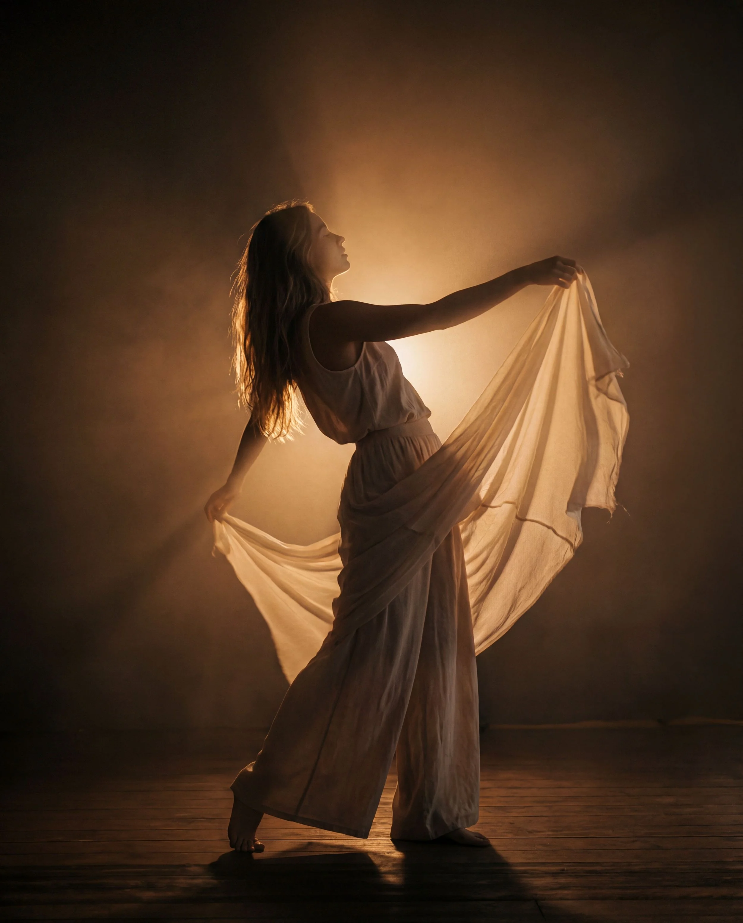 A woman in a flowing, light-colored dress performs a dance on a wooden stage illuminated by warm, golden lighting, creating a silhouette effect.