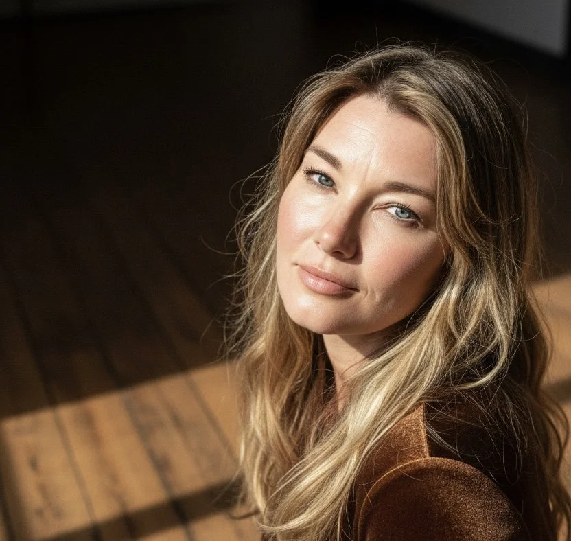 A woman with long blonde hair and blue eyes looks at the camera with a slight smile in a room with wooden floors and sunlight. Kelli Lane Redfield, LMFT #158231, OCD and Phobias in Escondido, CA.