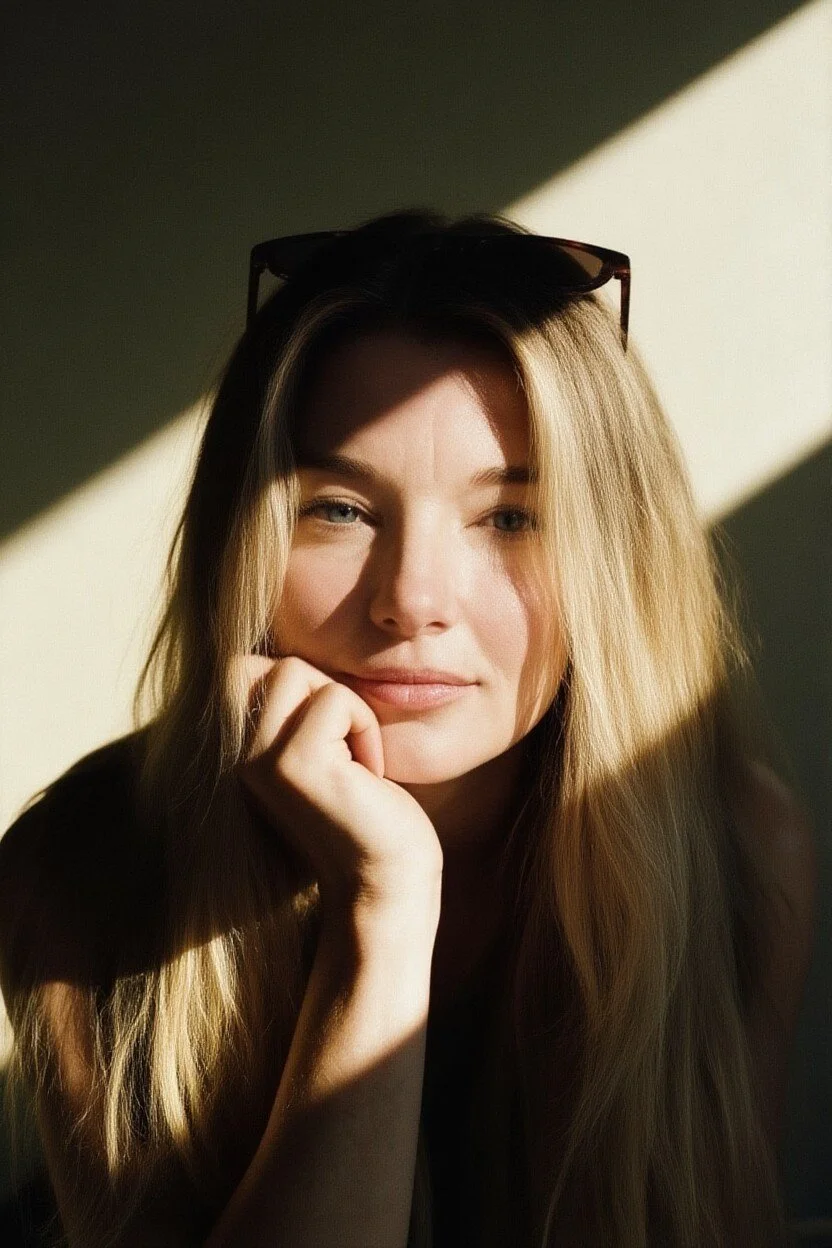 Close-up of a young woman with long blond hair, wearing sunglasses on her head, resting her chin on her hand, with sunlight casting shadows on her face.