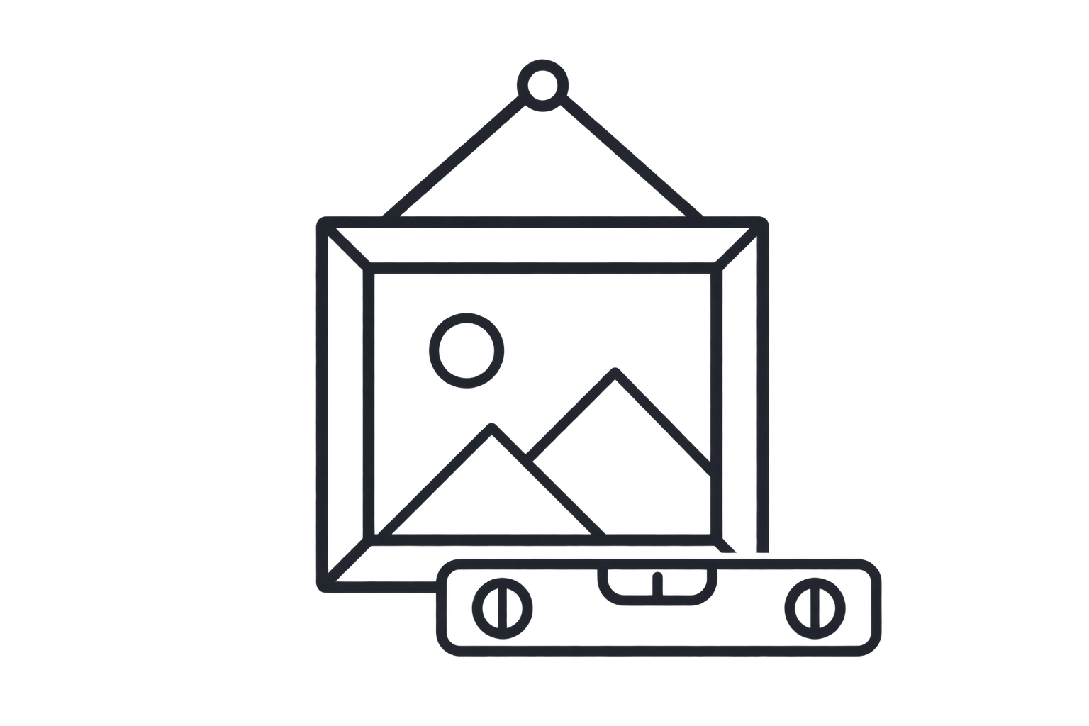 Geometric drawing of an outline square with sections divided by vertical, horizontal, and circle lines.