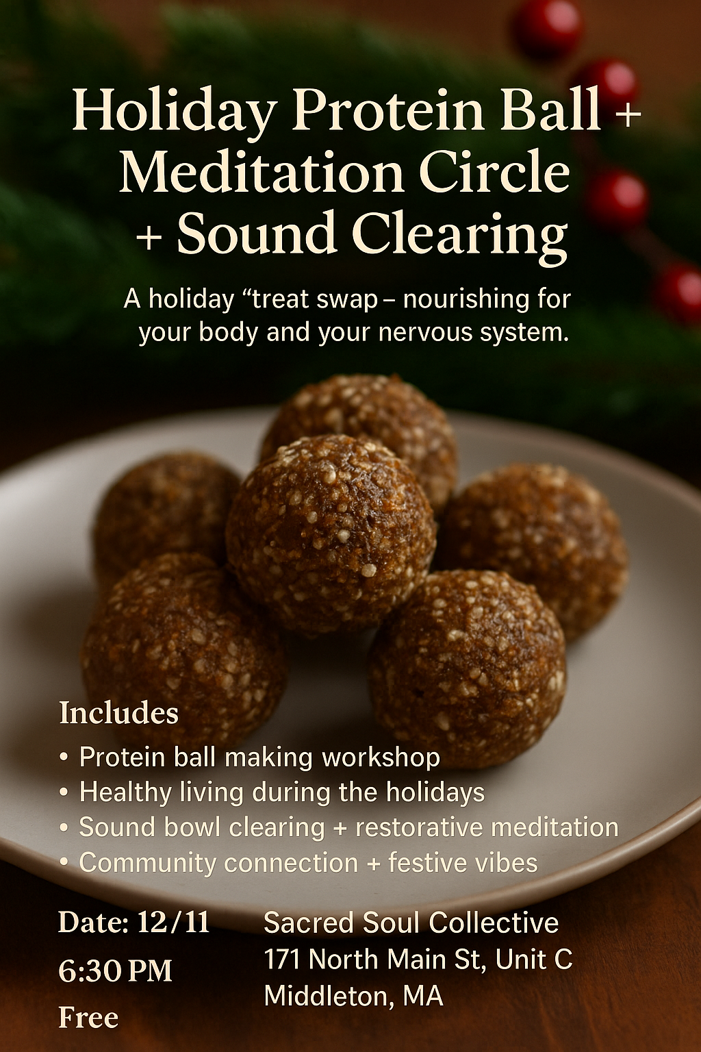 Holiday Protein Ball + Meditation Circle + Sound Clearing