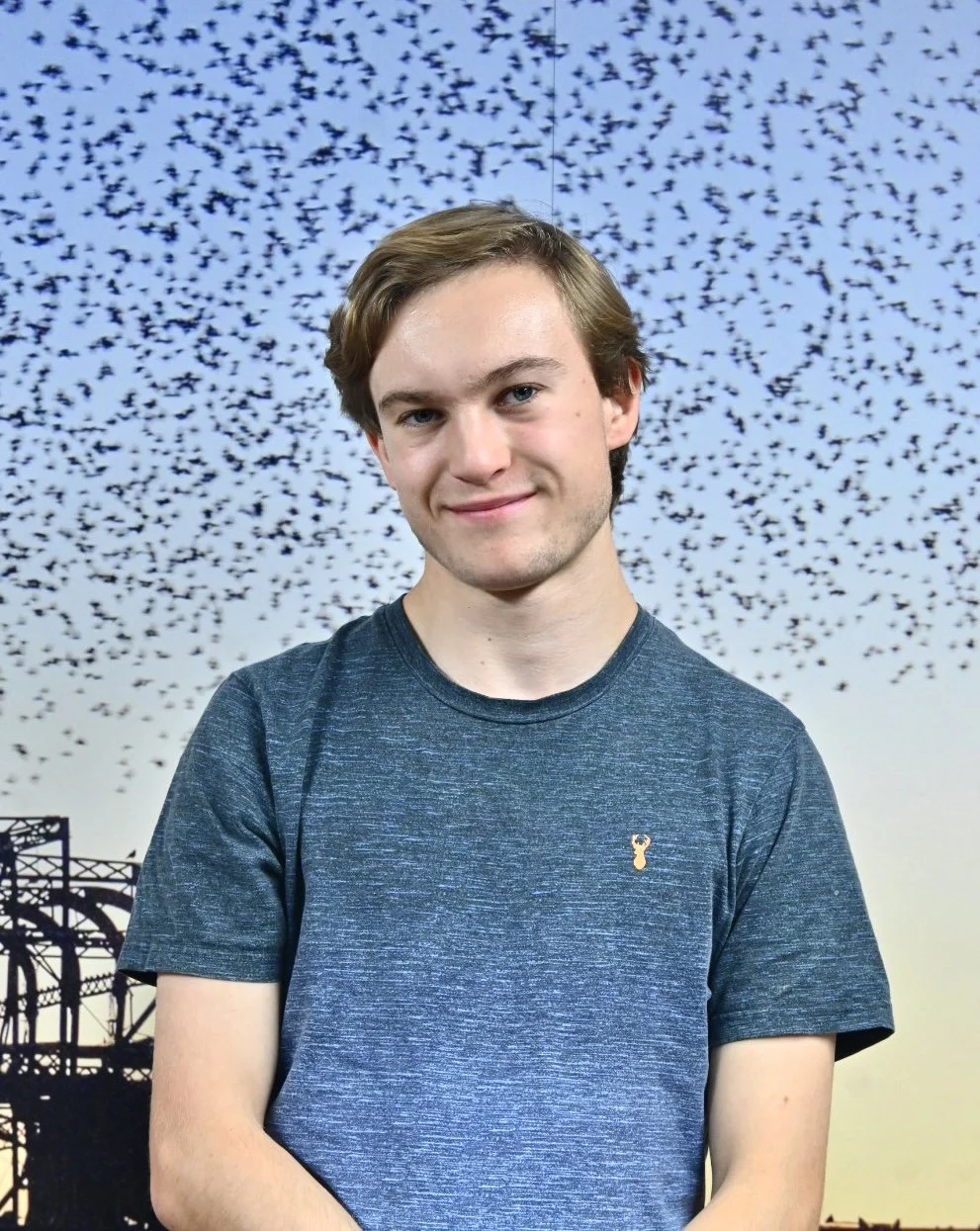 A young man with light brown hair and fair skin standing in front of a backdrop depicting a large flock of birds flying in the sky near the silhouette of a bridge.