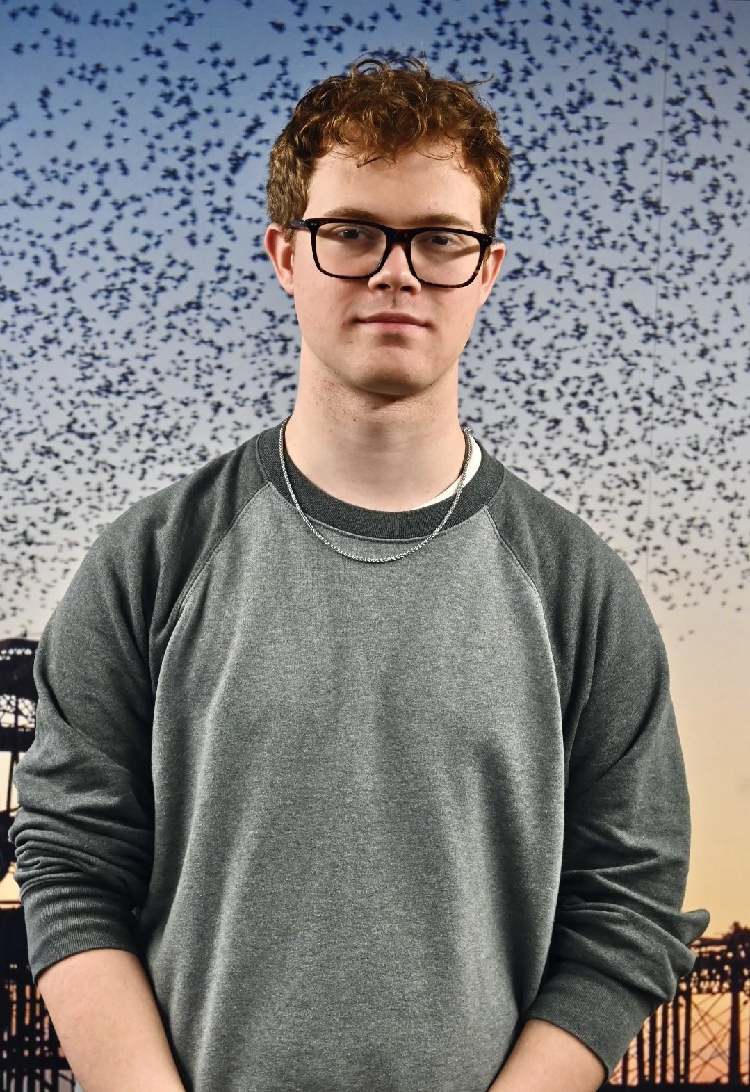 A young man with glasses, curly red hair, and fair skin, standing outdoors during sunset, with a large flock of birds flying in the sky and a bridge in the background.