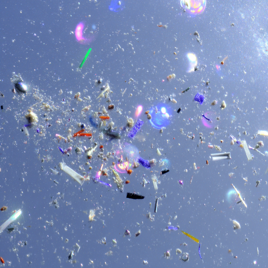Close-up of colorful microplastics  small debris floating in a water sample, reflecting light against a blue background.