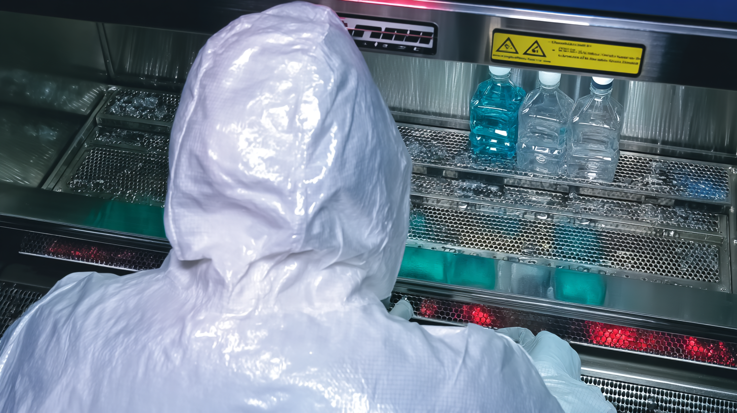 Person in a white protective suit working with bottled water inside a laminar flow clean bench.