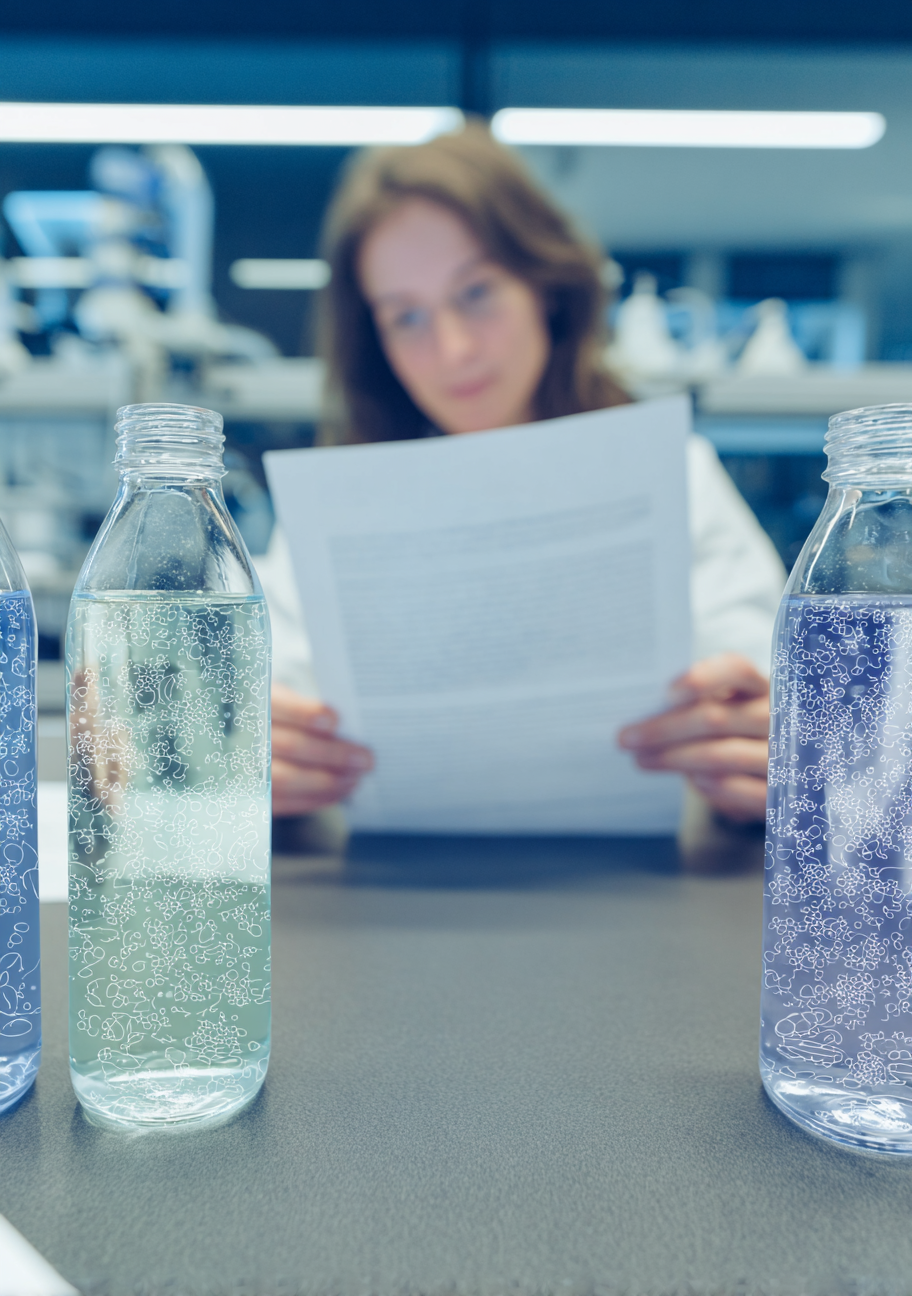 Customer reviewing microplastics analysis report while holding bottled water, satisfied with test results.