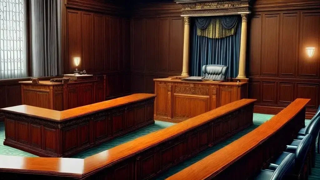 Empty courtroom with a judge's bench, jury boxes, and witness stand, all made of dark wood, with blue curtains behind the judge's bench.