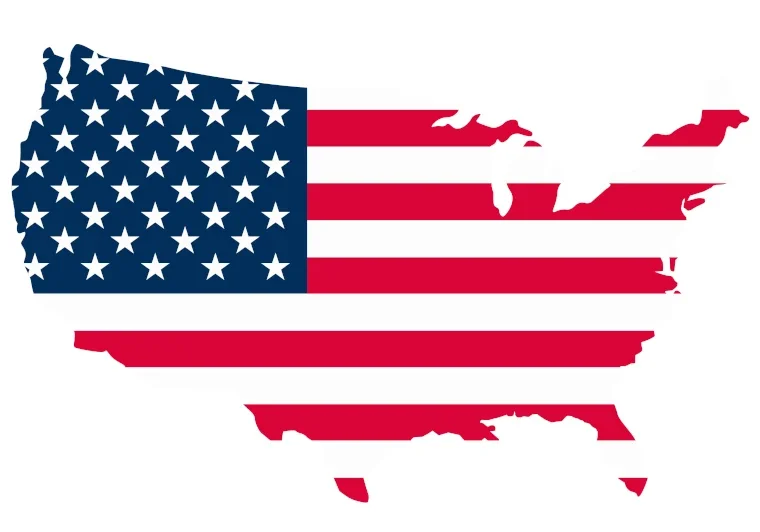 Silhouette of the United States map filled with the design of the American flag, featuring stars and stripes.