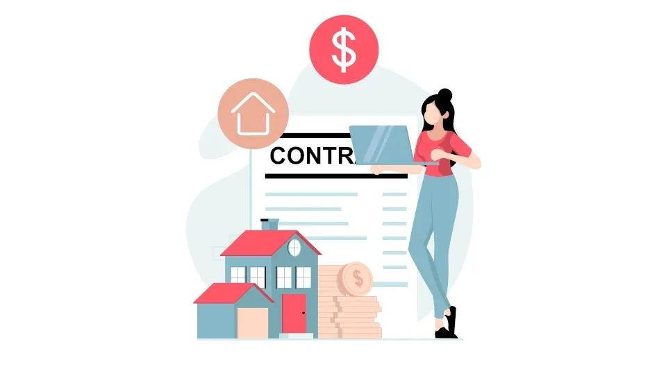 Illustration of a woman standing next to a mortgage contract, with a house, a stack of coins, and icons of a dollar sign and a house in the background.