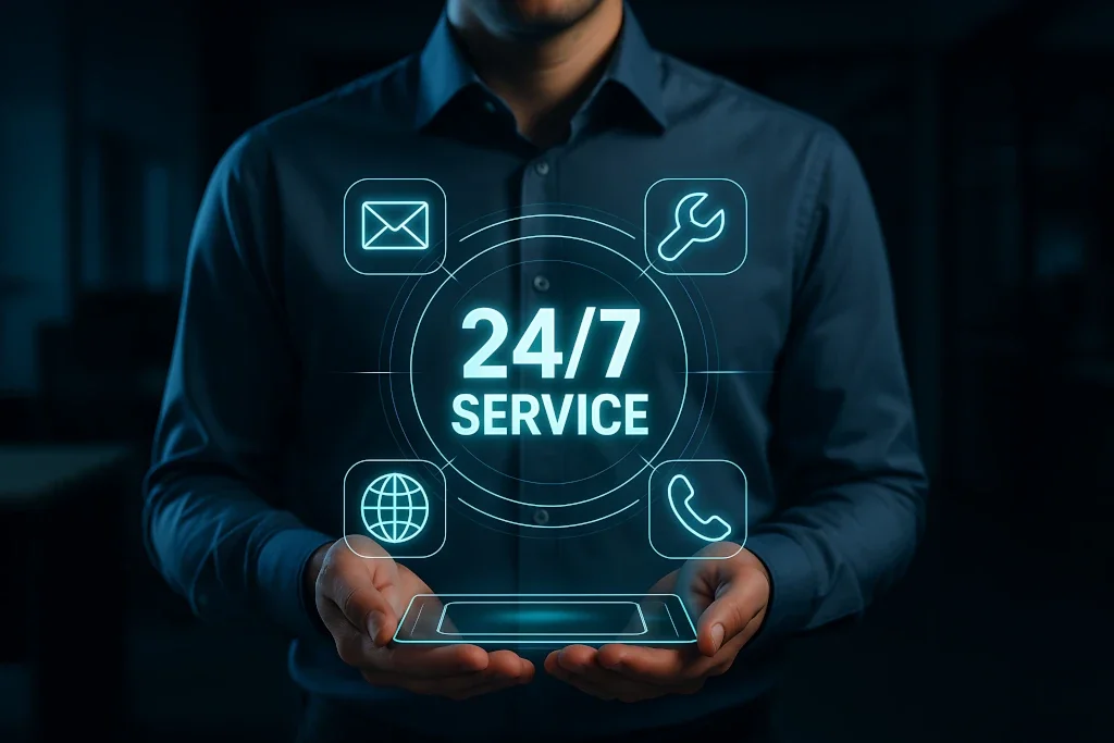 Person holding a smartphone with a digital overlay showing 24/7 service icons including email, wrench, globe, phone, and chat.