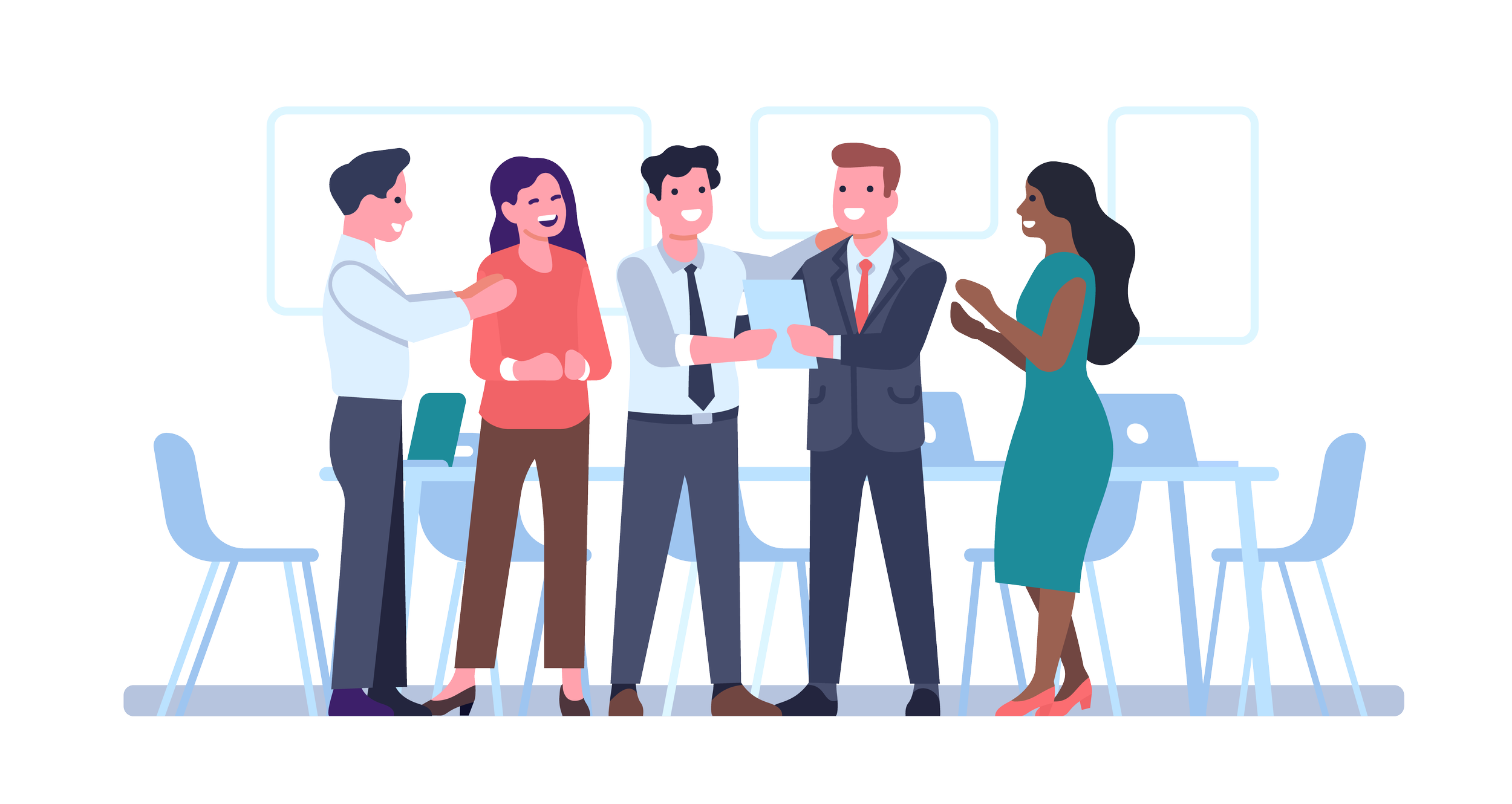 Illustration of five diverse business professionals in a modern office, exchanging documents and smiling during a meeting.