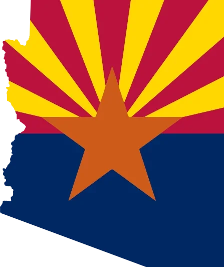 An Arizona state flag with a red and yellow sunburst, a brown star in the center, and a blue bottom half.