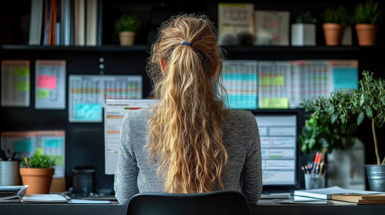 A woman with long, curly blonde hair seated at a desk working on two monitors in an office. The office has books, potted plants, and organized charts on the wall.