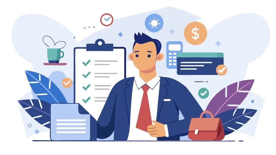 Illustration of a business professional in a suit, surrounded by icons of checkboxes, a credit card, a calculator, and financial symbols, suggesting finance or business management.