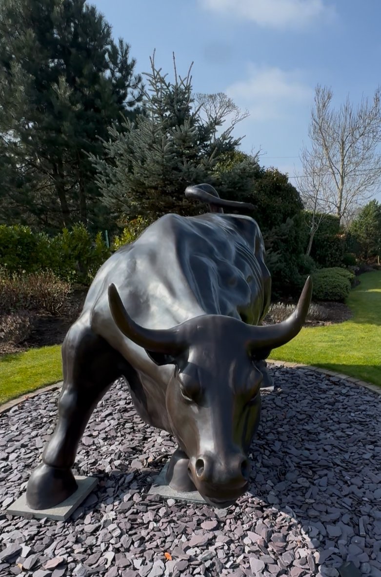 Bronze sculpture of a charging bull situated outdoors on a gravel bed, with trees and bushes in the background and a partly cloudy sky.