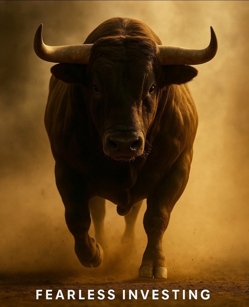 A charging bull running towards the camera with dust cloud behind it, with the words "Fearless Investing" at the bottom.