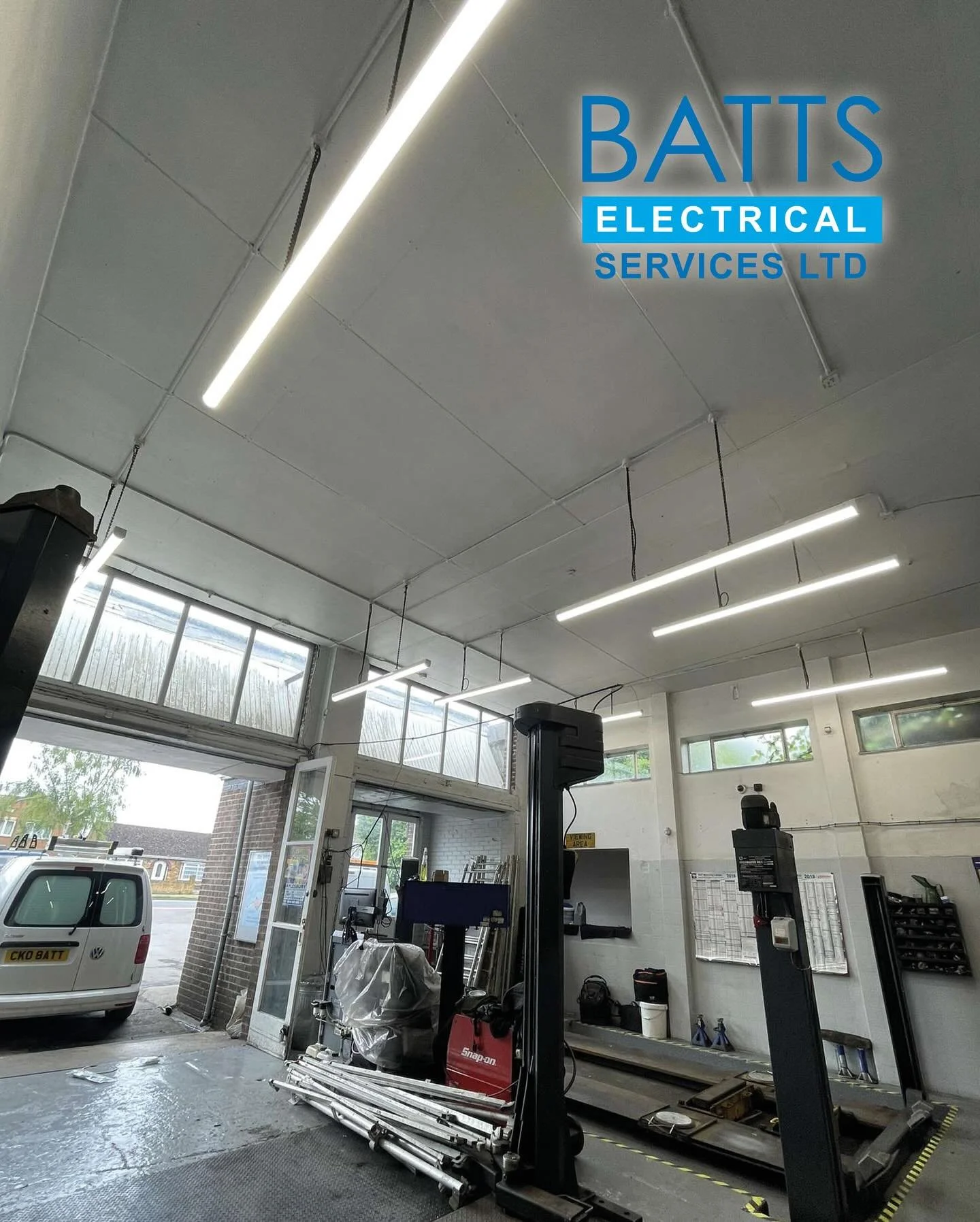 An LED Lighting upgrade at @elmhurstgarage, 
For any enquiries contact us:
By Email: info@battselectrical.co.uk
Or send us a Direct Message!