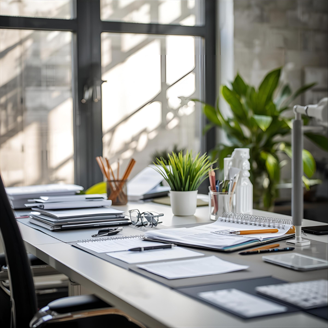 Office desk with stacks of papers, notebooks, pens, and glasses, next to a window with sunlight and indoor plants.