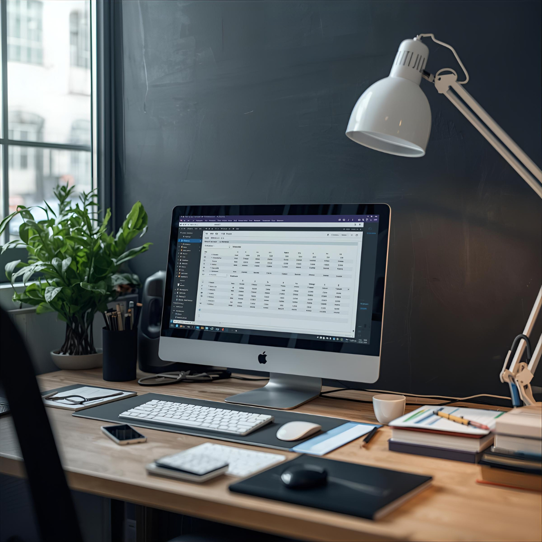 Office desk with an iMac computer displaying a spreadsheet, a white lamp, a potted plant, notebooks, a smartphone, a keyboard, a mouse, and various office supplies.