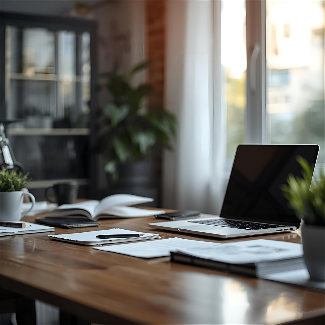 A tidy wooden desk with a laptop, notebooks, pens, a cup, an open book, and potted plants, near a window with white curtains, in a cozy, well-lit room.