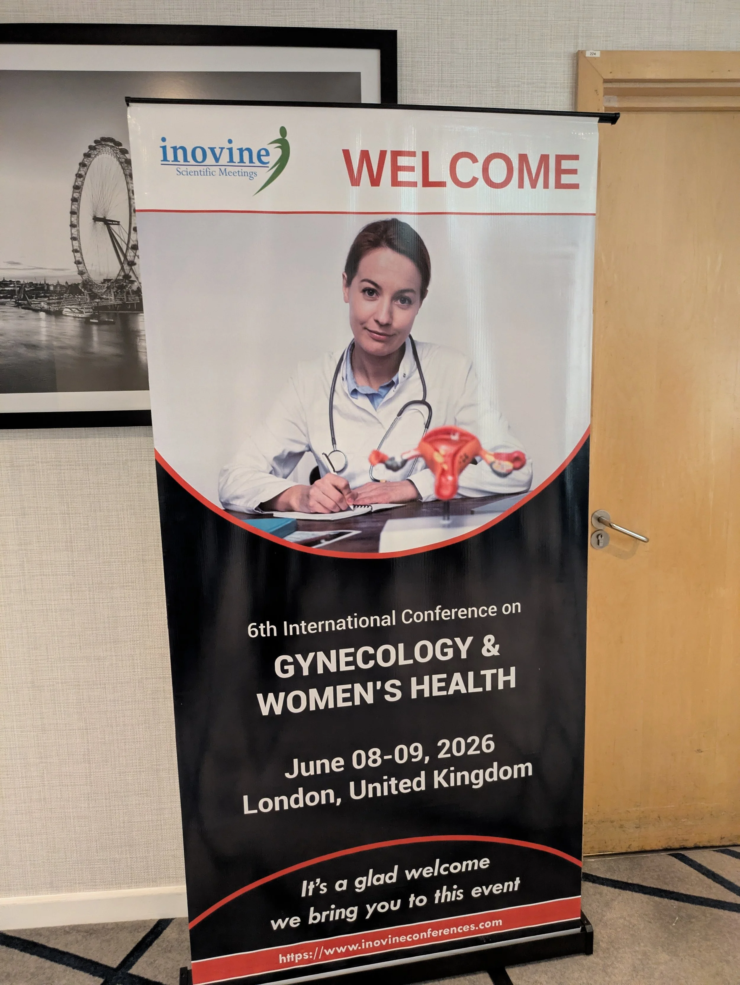 Banner for the 6th International Conference on Gynecology and Women's Health held on June 8-9, 2026, in London, United Kingdom, featuring a professional woman with a stethoscope, and the conference's website link.