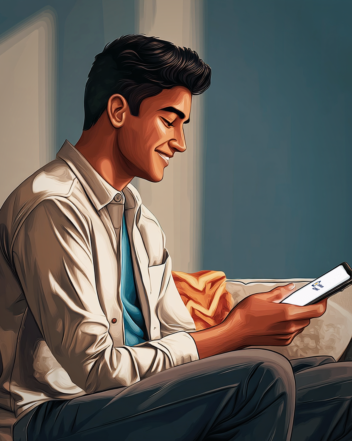 Illustration of a young man relaxed on a couch, smiling while checking his immigration status  using InHouse Connect App on his phone
