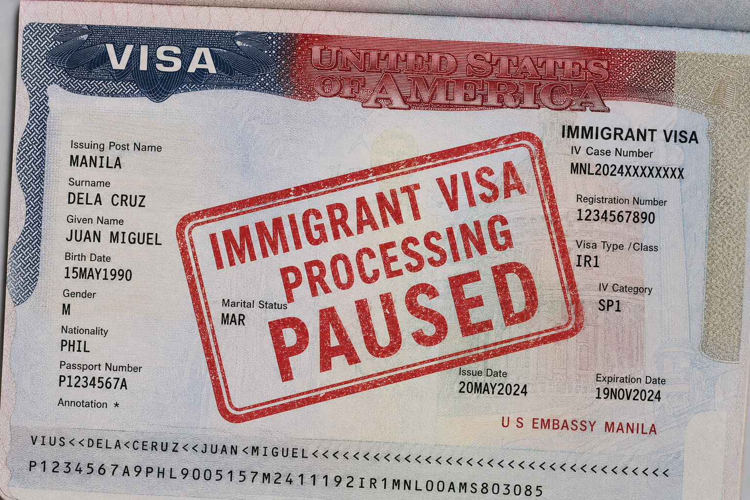 Visa stamp with red rubber stamp saying "Immigrant Visa Processing Paused"