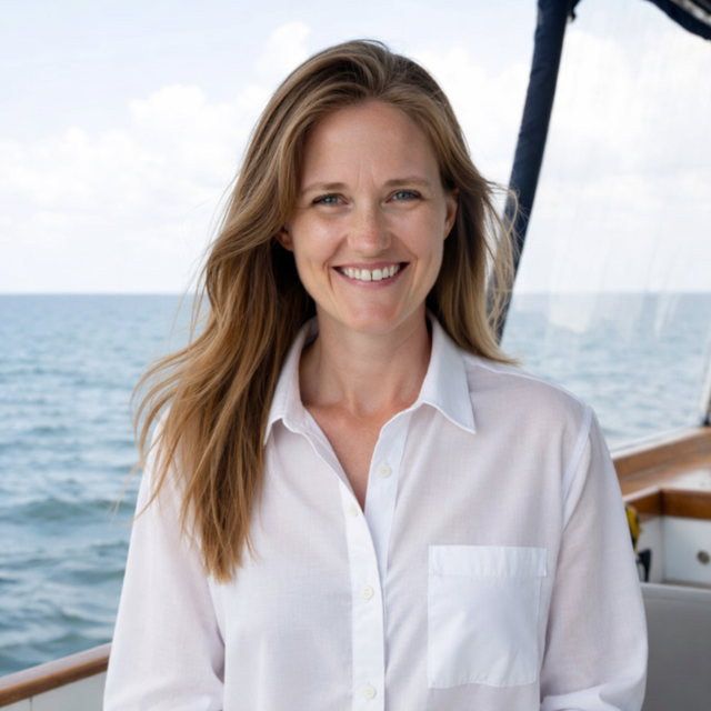 Smiling woman in white shirt standing on a boat with ocean and sky in the background.