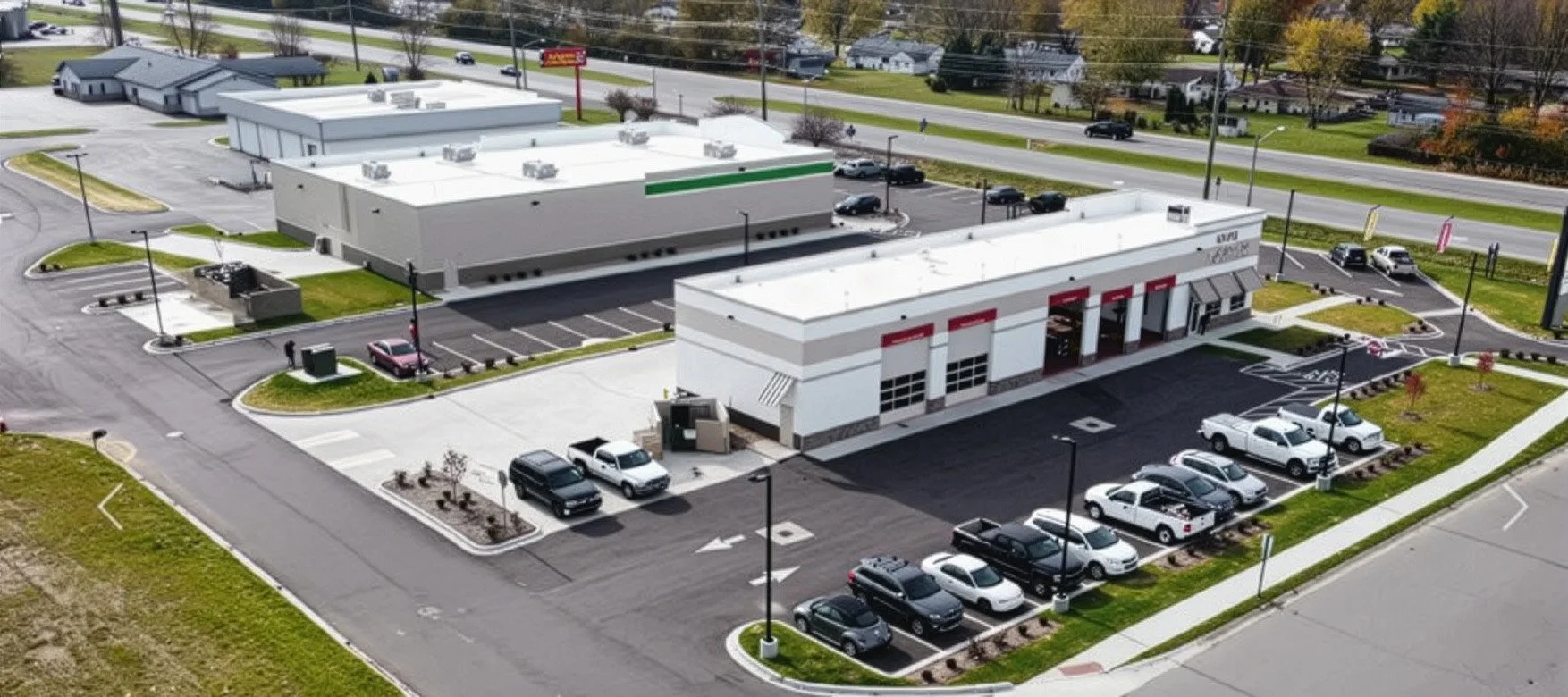 Aerial view of a commercial shopping plaza with several retail stores, parking lots, and parked cars.