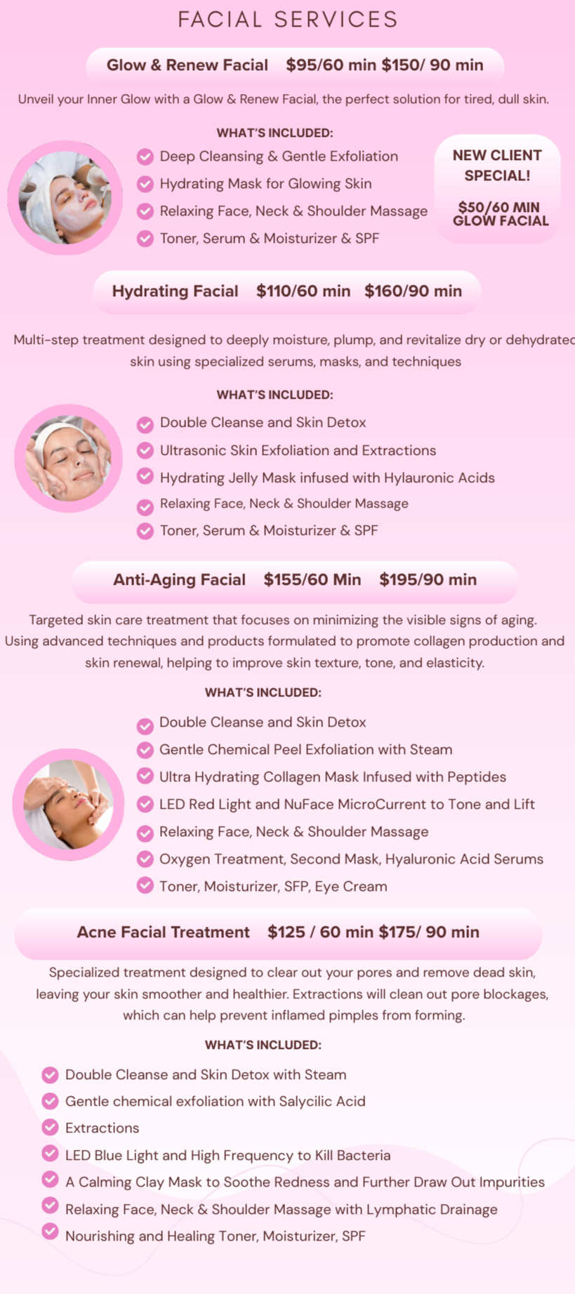 Pink flyer listing various facial treatment services, including Glow & Renew Facial, Hydrating Facial, Anti-Aging Facial, and Acne Facial Treatment, with images of women receiving facial treatments.