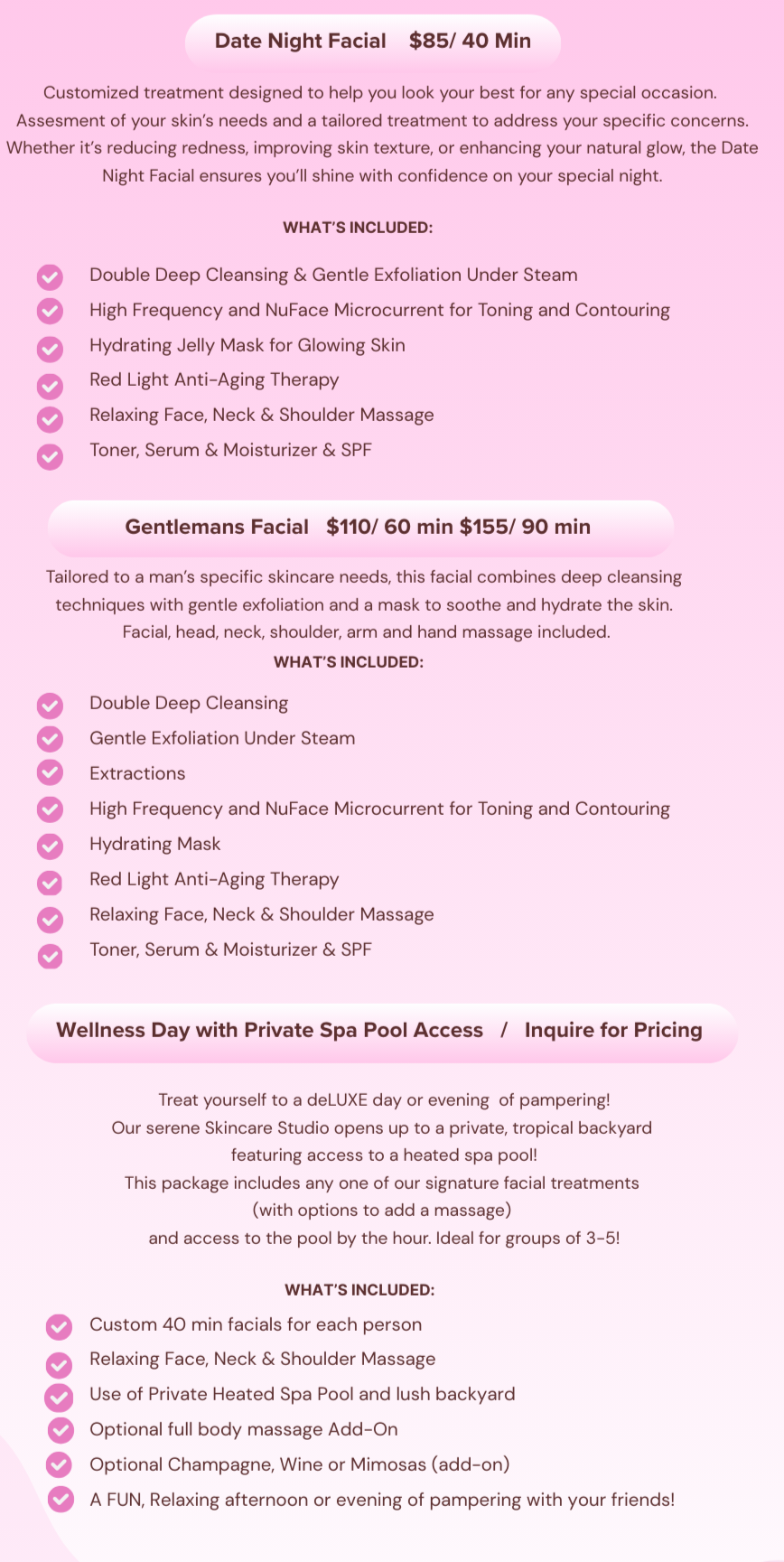 Spa treatment menu detailing packages for Date Night Facial, Gentlemans Facial, and Wellness Day with Private Spa Pool Access, including descriptions and prices.