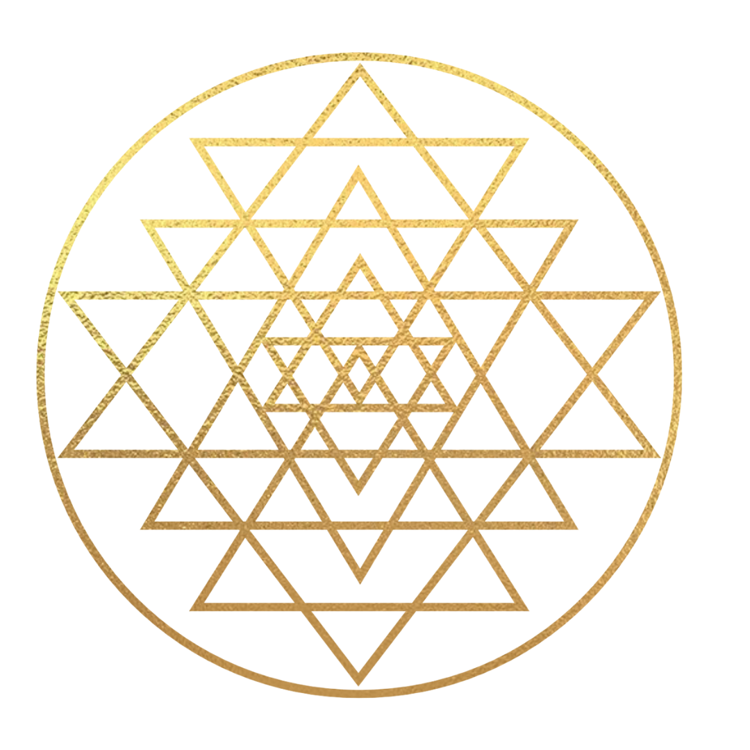A decorative circular design featuring multiple overlapping gold triangles forming a star pattern, set against a background with colorful, geometric elements.