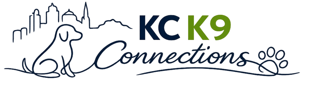 Logo for K9 connections, featuring a silhouette of a city skyline, a dog silhouette, and the text 'K9 connections' in stylized font.