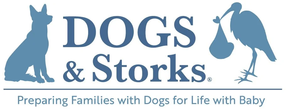 Logo for Dogs & Storks featuring a dog silhouette on the left and a stork carrying a bundle on the right, with the text 'Dogs & Storks' and the tagline 'Preparing Families with Dogs for Life with Baby' below.