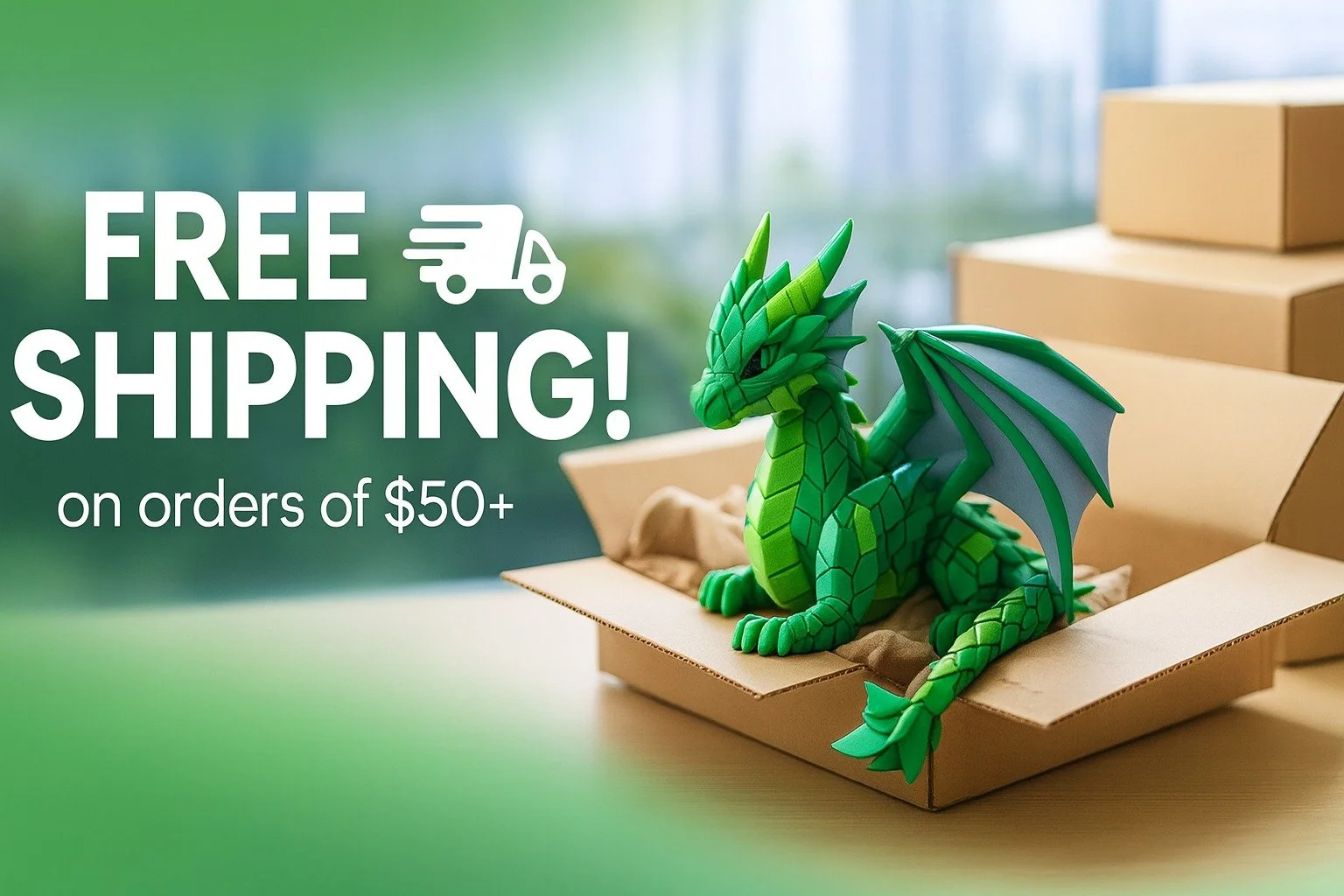🚚✨ FREE SHIPPING ALERT! ✨🚚
Our website now offers FREE shipping on orders of $50 or more!

Fill your cart with dragons, fidgets, ornaments, and all your favorites &mdash; and we&rsquo;ll cover the shipping!!
Shop small, save big, and let the HAPPY 