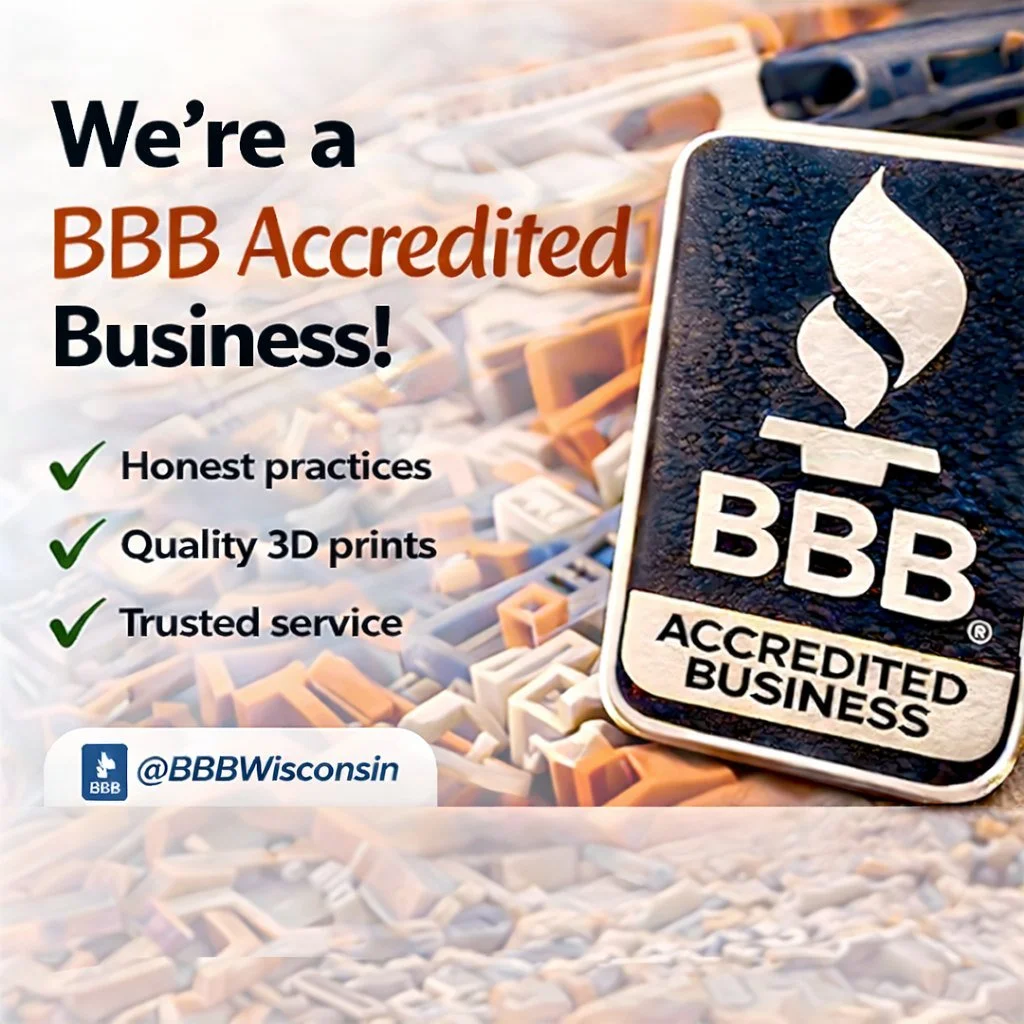 We&rsquo;re proud to be a BBB Accredited Business!
Trust means everything to us at PrintZilla 3D Printing&mdash;and being accredited by the Better Business Bureau @bbbwisconsin is one more way we stand behind that.
✔ Honest practices
✔ Quality, in-ho