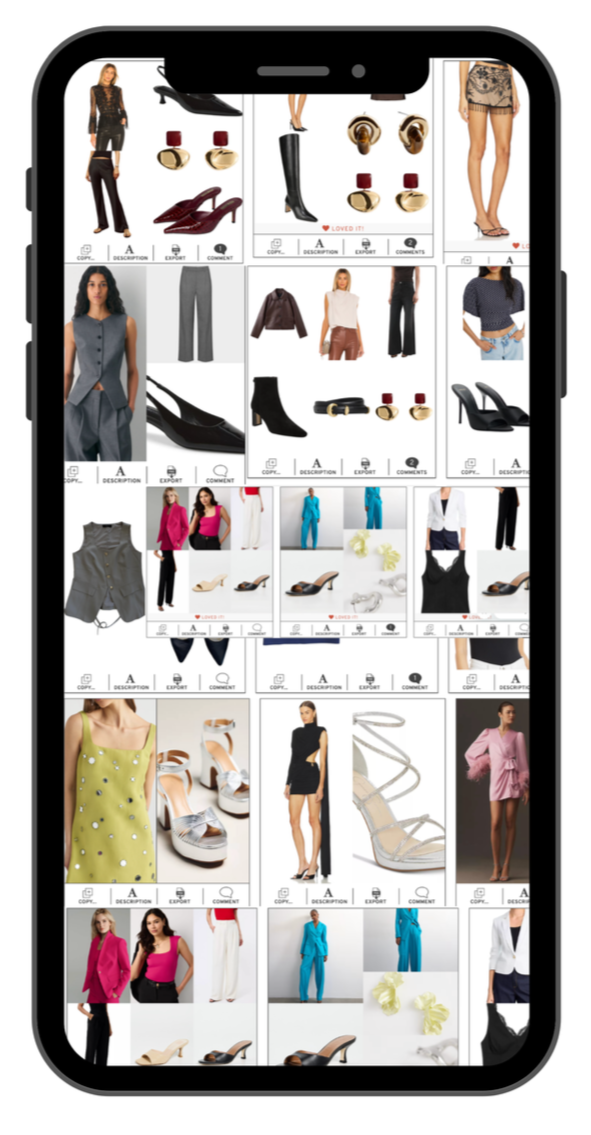 Screenshots of various women's clothing, shoes, and accessories displayed on a mobile shopping app.